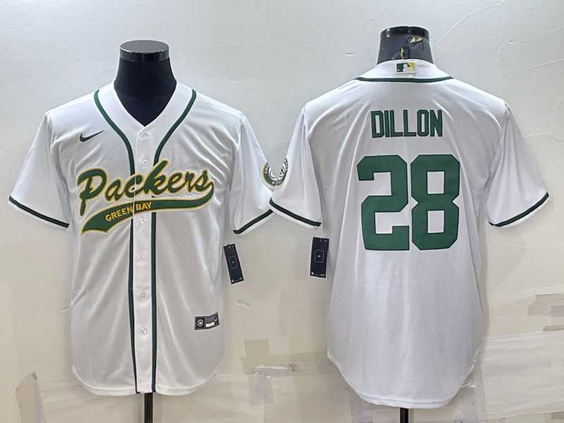 Men%27s Green Bay Packers #28 AJ Dillon White With Patch Cool Base Stitched Baseball Jersey